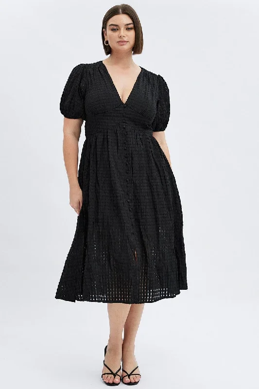 High - low midi dresses with geometric patterns for a modern party Black Midi Dress Short Puff Sleeve High - low midi dresses with geometric patterns for a modern party Black Midi Dress Short Puff Sleeve