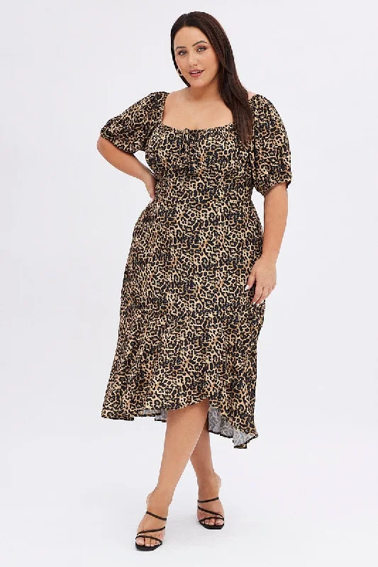 Midi dresses with sheer panels for a touch of allure Brown Animal Print Midi Dress Short Sleeve Gathered Bust Midi dresses with sheer panels for a touch of allure Brown Animal Print Midi Dress Short Sleeve Gathered Bust