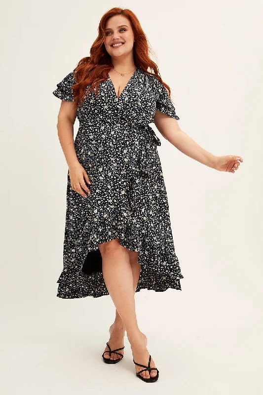 Midi dresses with side slits for a sexy and elegant appearance Ditsy Print Short Sleeve Frill Hem Wrap Dress Midi dresses with side slits for a sexy and elegant appearance Ditsy Print Short Sleeve Frill Hem Wrap Dress