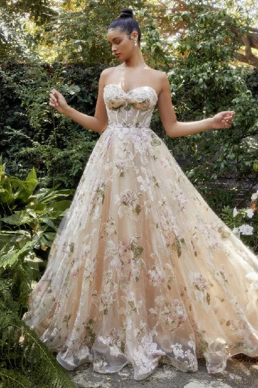 Backless wedding dresses with lace - up details Andrea & Leo A1134 Strapless Printed Prom Dress Backless wedding dresses with lace - up details Andrea & Leo A1134 Strapless Printed Prom Dress