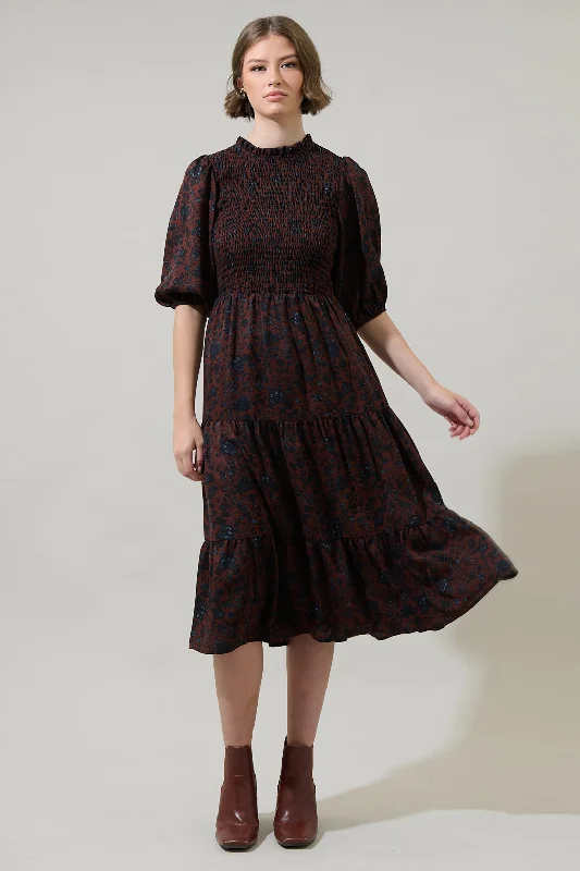 Midi dresses with tiered skirts for a bohemian festival look Kalida Beau Frazier Smocked Tiered Midi Dress Midi dresses with tiered skirts for a bohemian festival look Kalida Beau Frazier Smocked Tiered Midi Dress
