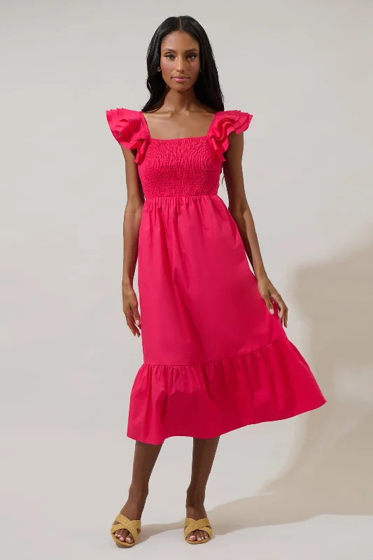 Midi dresses with bow accents for a sweet and charming look Girona Smocked Ruffle Midi Dress Midi dresses with bow accents for a sweet and charming look Girona Smocked Ruffle Midi Dress