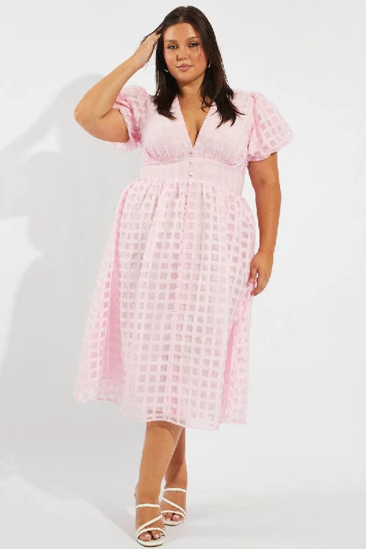High - low midi dresses with geometric patterns for a modern party Pink Grid Check Midi Dress High - low midi dresses with geometric patterns for a modern party Pink Grid Check Midi Dress