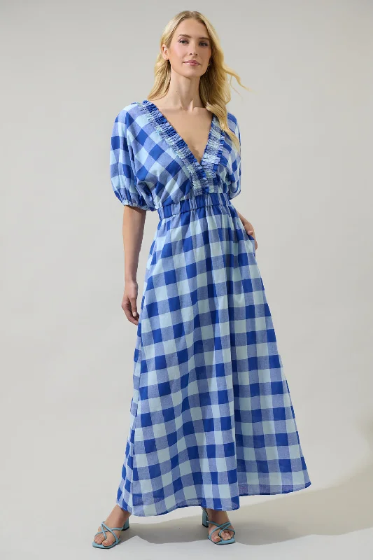 Midi dresses with mesh inserts for a trendy and breathable option Hant Plaid V-Neck Midi Dress