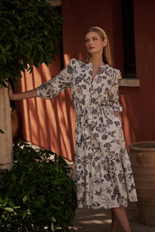 Midi dresses with asymmetric hems for a fashion - forward and dynamic appearance Bryony Floral Zinnia Split Neck Midi Dress Midi dresses with asymmetric hems for a fashion - forward and dynamic appearance Bryony Floral Zinnia Split Neck Midi Dress