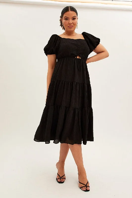 Midi dresses with metallic threads for a glamorous evening event Black Midi Dress Short Sleeve Cut Out Textured Midi dresses with metallic threads for a glamorous evening event Black Midi Dress Short Sleeve Cut Out Textured