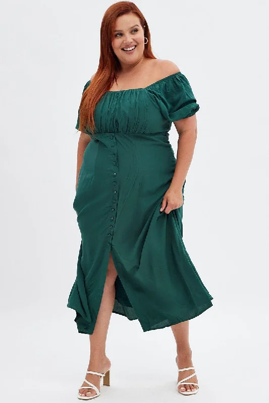 Midi dresses with belted waists to accentuate the figure Green Midi Dress Puff Sleeve Button Front Rayon Midi dresses with belted waists to accentuate the figure Green Midi Dress Puff Sleeve Button Front Rayon