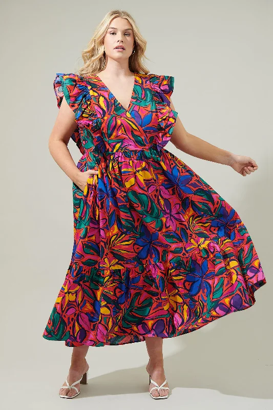 Midi dresses with cold - shoulder cutouts for a trendy style Rainbow Tropics Fairness Poplin Surplice Midi Dress Curve
