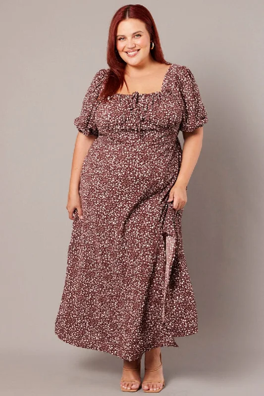 Midi dresses with ribbed textures for a unique and tactile appearance Brown Ditsy Midi Dress Short Sleeve Side Split Midi dresses with ribbed textures for a unique and tactile appearance Brown Ditsy Midi Dress Short Sleeve Side Split