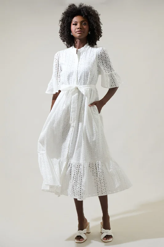 Midi dresses with geometric cutouts for a contemporary and edgy look Kaylie Eyelet Pem Button Down Midi Dress Midi dresses with geometric cutouts for a contemporary and edgy look Kaylie Eyelet Pem Button Down Midi Dress