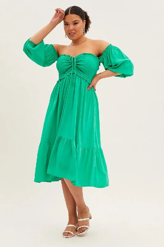 Midi dresses with sheer panels for a touch of allure Green Midi Dress Off Shoulder Shirred Midi dresses with sheer panels for a touch of allure Green Midi Dress Off Shoulder Shirred