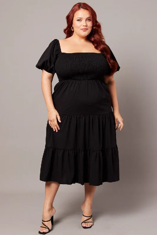 Midi dresses with cold - shoulder cutouts for a trendy style Black Midi Dress Short Sleeve Shirred Midi dresses with cold - shoulder cutouts for a trendy style Black Midi Dress Short Sleeve Shirred