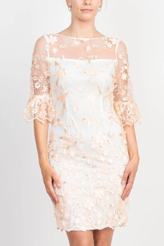 Plus - size wedding dresses with a flattering fit Adrianna Papell AP1E209447 3/4 Scuff Bell Sleeve 3D Floral Embroidery Short Dress Plus - size wedding dresses with a flattering fit Adrianna Papell AP1E209447 3/4 Scuff Bell Sleeve 3D Floral Embroidery Short Dress