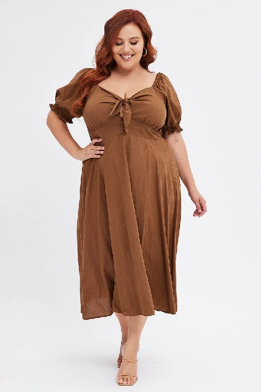 Midi dresses with metallic threads for a glamorous evening event Brown Tie Front Button Midi Dress Midi dresses with metallic threads for a glamorous evening event Brown Tie Front Button Midi Dress