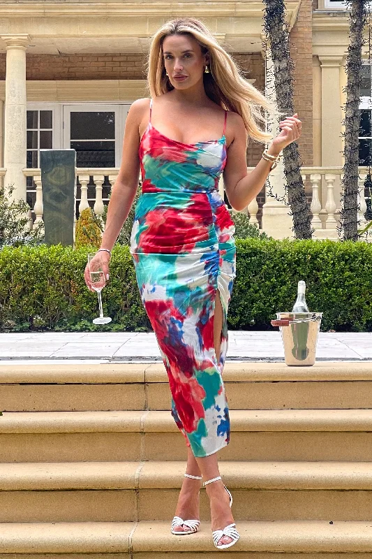 Midi dresses with ruched sleeves for a more fitted and stylish arm look Selena Red Splash Ruched Midi Dress Midi dresses with ruched sleeves for a more fitted and stylish arm look Selena Red Splash Ruched Midi Dress