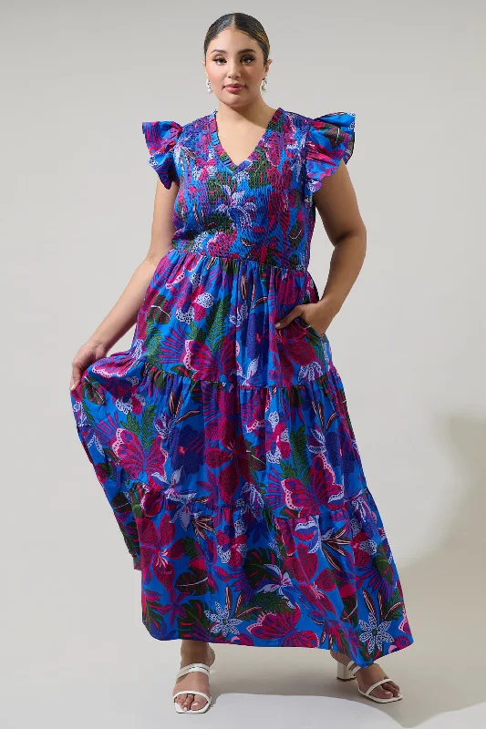 Midi dresses with one - shoulder designs for a modern and asymmetric style Mela Tropics Sunfire Smocked Bodice Tiered Midi Dress Curve Midi dresses with one - shoulder designs for a modern and asymmetric style Mela Tropics Sunfire Smocked Bodice Tiered Midi Dress Curve