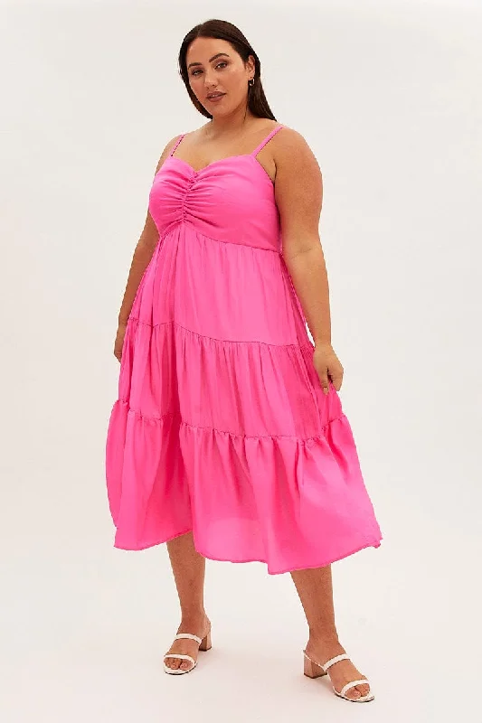 Midi dresses with denim fabric for a casual yet stylish day out Pink Midi Dress Gather Bust Detail Strappy Matte Satin Midi dresses with denim fabric for a casual yet stylish day out Pink Midi Dress Gather Bust Detail Strappy Matte Satin