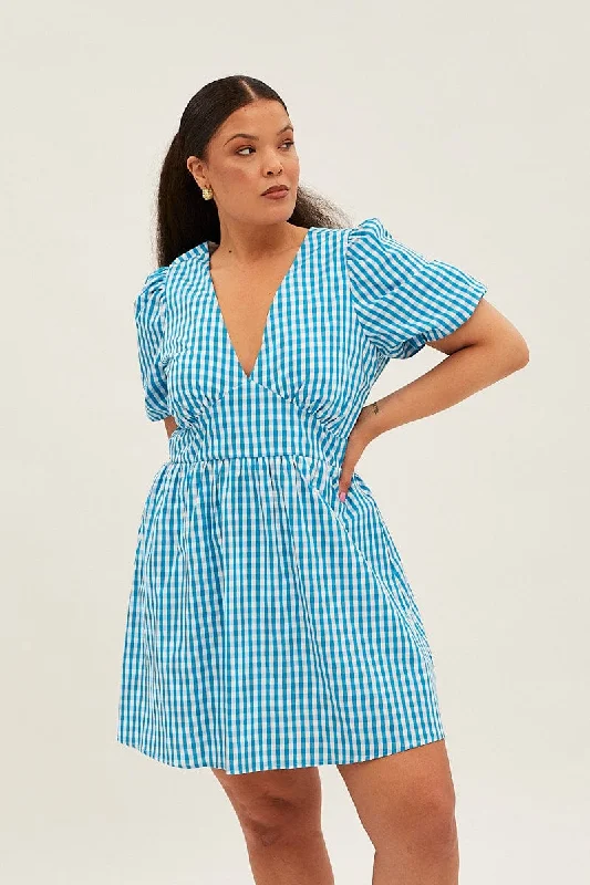 Midi dresses with satin - finish fabrics for a luxurious feel Blue Check Midi Dress Short Puff Sleeve V-neck Gingham Midi dresses with satin - finish fabrics for a luxurious feel Blue Check Midi Dress Short Puff Sleeve V-neck Gingham