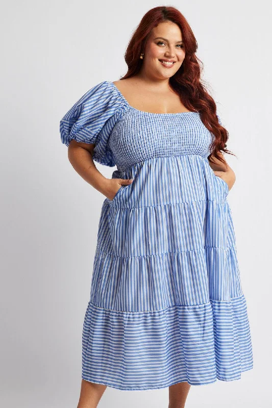 Midi dresses with tiered skirts for a bohemian festival look Blue Stripe Midi Dress Short Sleeve Shirred Midi dresses with tiered skirts for a bohemian festival look Blue Stripe Midi Dress Short Sleeve Shirred
