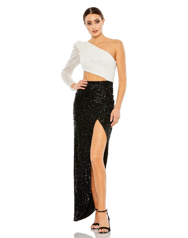 Lace - covered wedding dresses with a scalloped hem​ Mac Duggal 42037 Long Formal One Shoulder Prom Gown