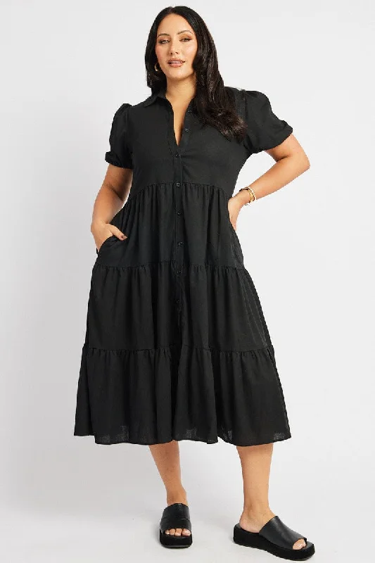 Midi dresses with cotton - blend materials for everyday comfort Black Midi Dress Short Sleeve Shirt