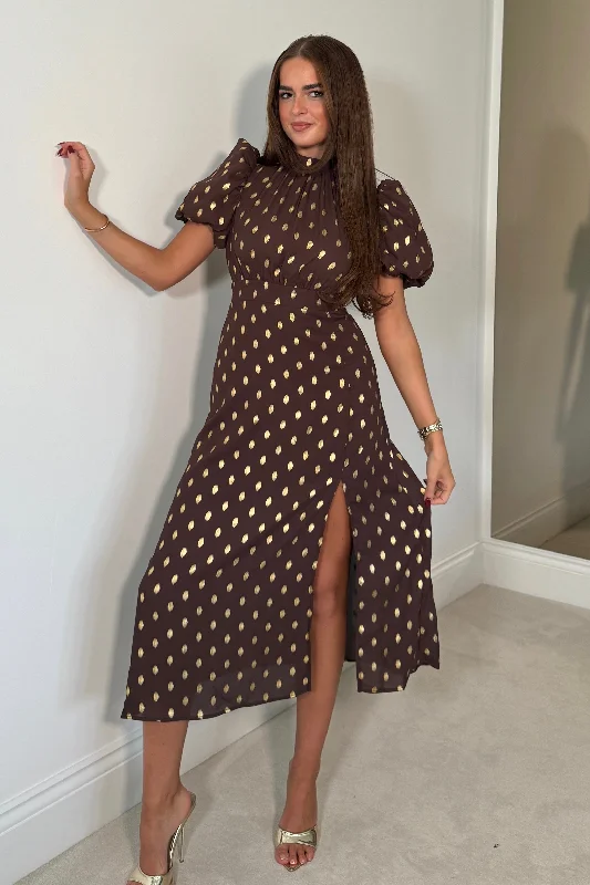 Midi dresses with off - the - shoulder necklines for a flirty look Lilith Brown & Gold Puff Sleeve High Neck Midi Dress