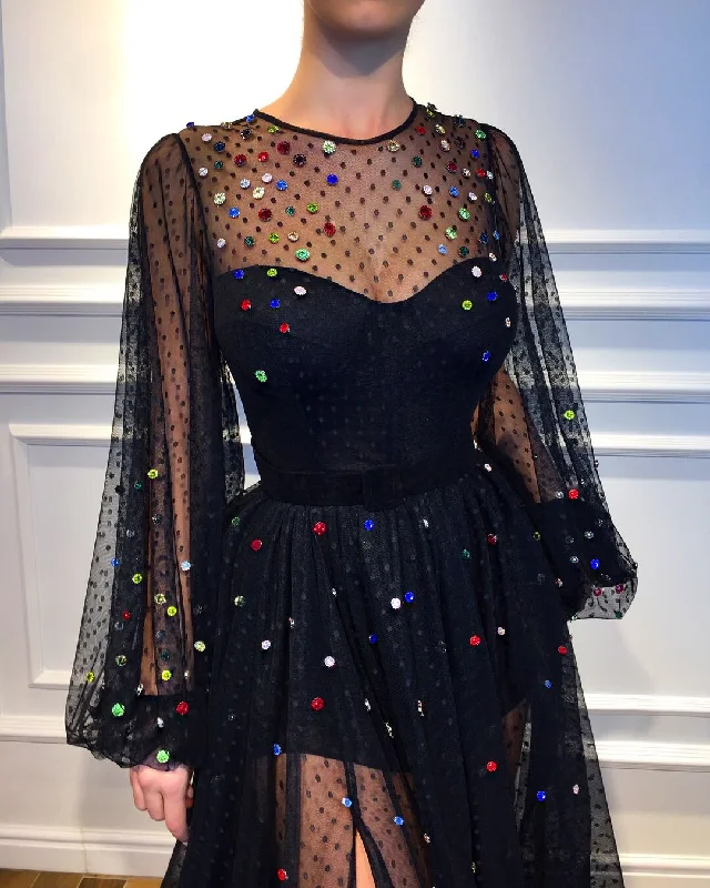 Mini dresses with fringe for a bohemian style Dotted Black Gown
