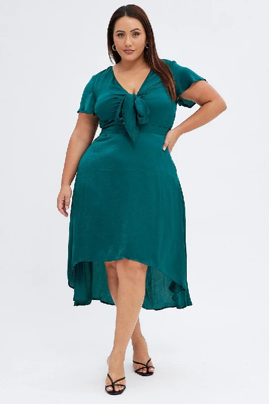 Midi dresses with wrap - around skirts for a customizable fit Green Midi Dress Short Sleeve Tie Back Satin Midi dresses with wrap - around skirts for a customizable fit Green Midi Dress Short Sleeve Tie Back Satin