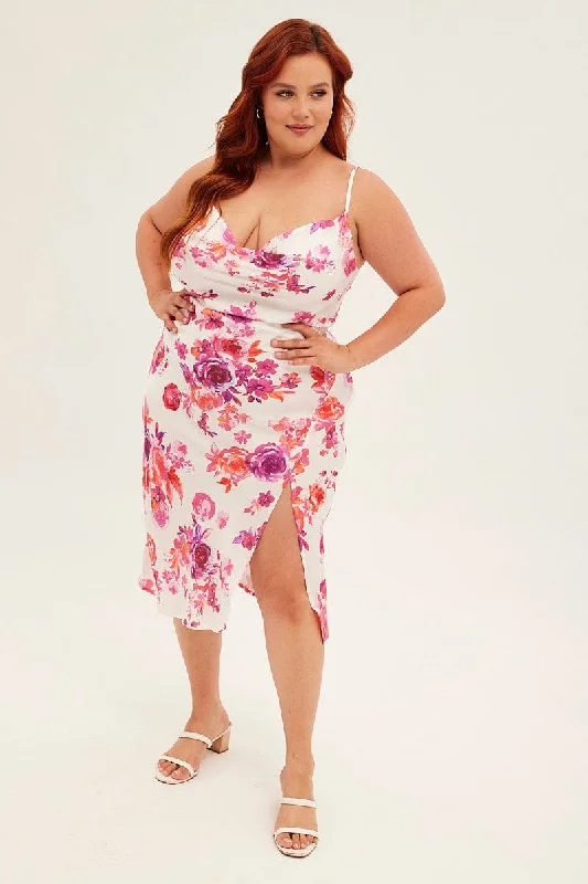 Midi dresses with ruffled hems for a romantic date night Multi Floral Midi Dress Sleeveless Strappy Cowl Neck Satin Midi dresses with ruffled hems for a romantic date night Multi Floral Midi Dress Sleeveless Strappy Cowl Neck Satin