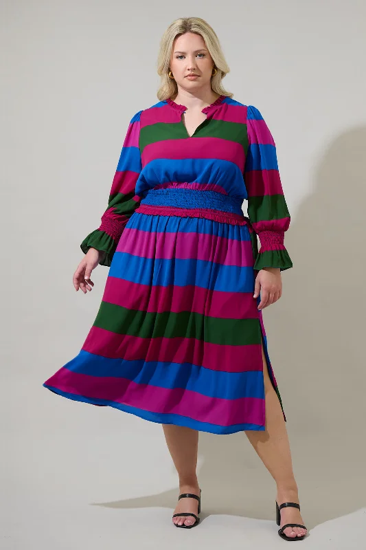 Midi dresses with pom - pom trims for a playful and festive look Saige Striped Ria Smocked Midi Dress Curve Midi dresses with pom - pom trims for a playful and festive look Saige Striped Ria Smocked Midi Dress Curve