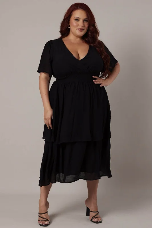 Midi dresses with one - shoulder designs for a modern and asymmetric style Black Midi Dress Crossover Bust Flare Sleeve Midi dresses with one - shoulder designs for a modern and asymmetric style Black Midi Dress Crossover Bust Flare Sleeve