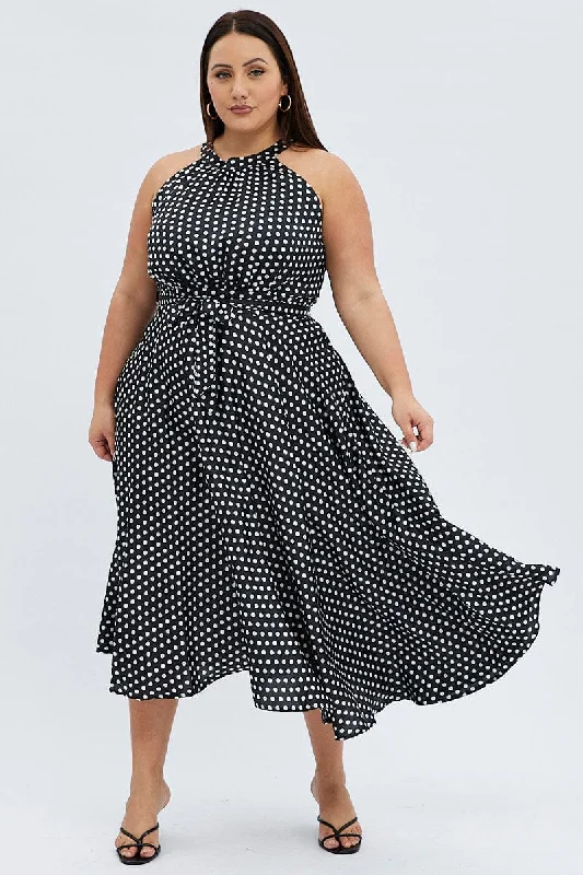 Midi dresses with ruched bodices for a feminine and fitted feel Black Polka Dot Midi Dress Sleeveless High Neck Satin Midi dresses with ruched bodices for a feminine and fitted feel Black Polka Dot Midi Dress Sleeveless High Neck Satin
