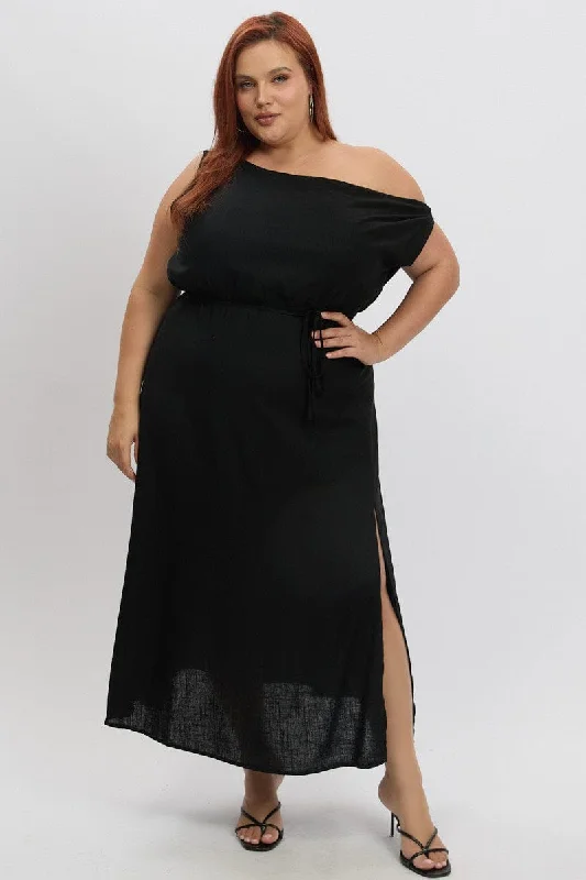 Midi dresses with cotton - blend materials for everyday comfort Black Midi Dress Short Sleeve Asymmetric Shoulder Midi dresses with cotton - blend materials for everyday comfort Black Midi Dress Short Sleeve Asymmetric Shoulder