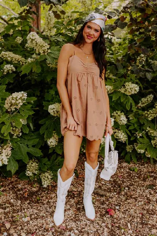 Metallic mini dresses for a glamorous event Extra Dose Of Confidence Eyelet Babydoll Dress In Iced Mocha Metallic mini dresses for a glamorous event Extra Dose Of Confidence Eyelet Babydoll Dress In Iced Mocha