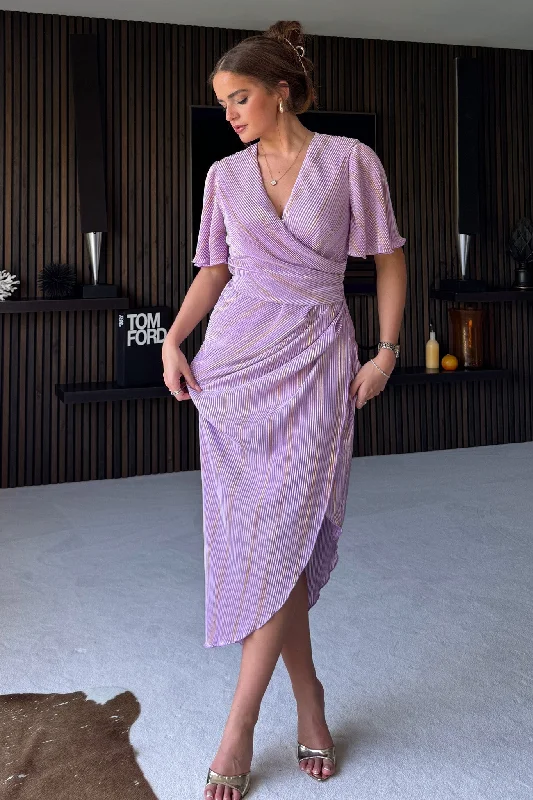 Midi dresses with belted waists to accentuate the figure Natasha Lilac Metallic Angel Sleeve Wrap Midi Dress Midi dresses with belted waists to accentuate the figure Natasha Lilac Metallic Angel Sleeve Wrap Midi Dress