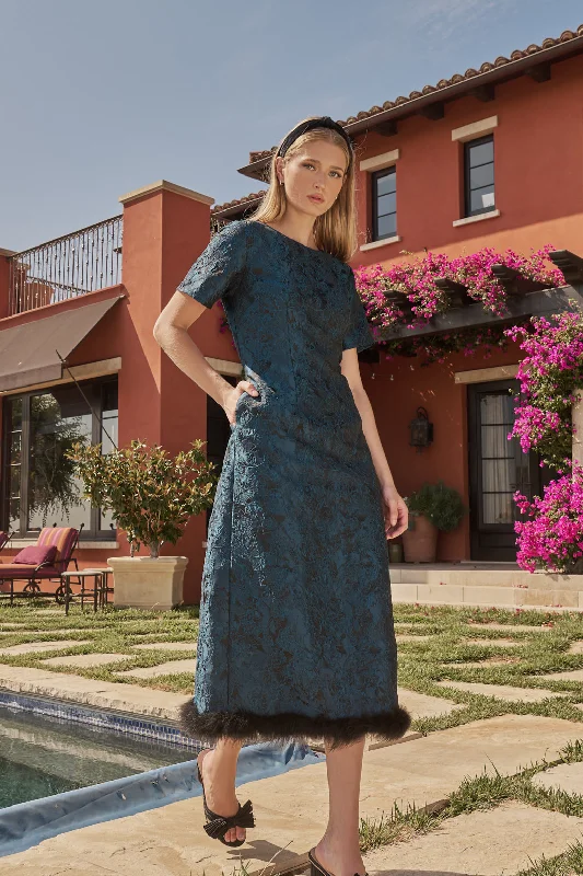 Midi dresses with ribbed textures for a unique and tactile appearance Page Floral Jacquard Feather Trim Midi Dress Midi dresses with ribbed textures for a unique and tactile appearance Page Floral Jacquard Feather Trim Midi Dress