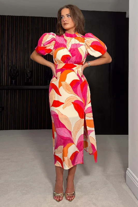 Midi dresses with off - the - shoulder necklines for a flirty look Lilith Puff Sleeve High Neck Midi Dress Pink Midi dresses with off - the - shoulder necklines for a flirty look Lilith Puff Sleeve High Neck Midi Dress Pink