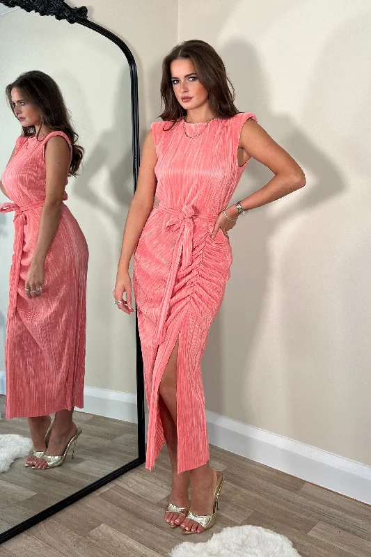 Midi dresses with embroidered accents for a unique and detailed design Elena Ruched Seamed Midi Dress Coral