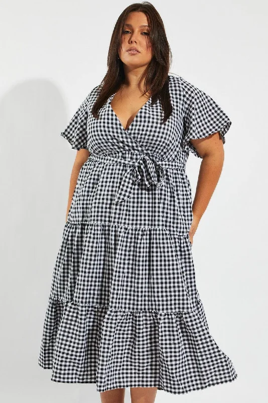 Sheath midi dresses with beaded embellishments for a formal occasion Black Check Midi Dress Short Sleeve Wrap Front Self Tie Sheath midi dresses with beaded embellishments for a formal occasion Black Check Midi Dress Short Sleeve Wrap Front Self Tie
