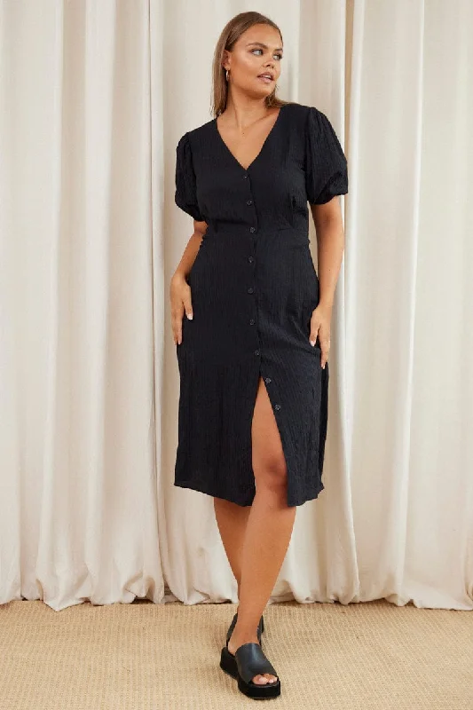 Midi dresses with empire waists for a flattering maternity option Black Midi Dress V-neck Puff Sleeve Midi dresses with empire waists for a flattering maternity option Black Midi Dress V-neck Puff Sleeve