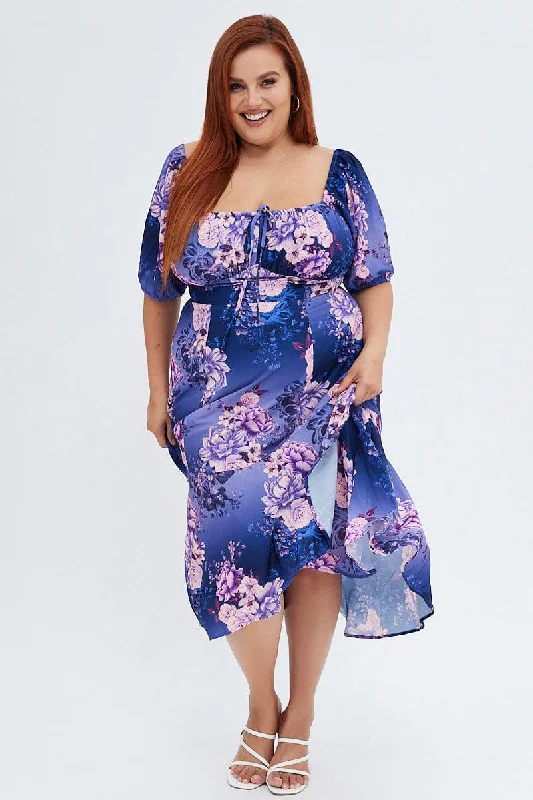 Midi dresses with pom - pom trims for a playful and festive look Purple Floral Midi Dress Short Sleeve Ruffle Midi dresses with pom - pom trims for a playful and festive look Purple Floral Midi Dress Short Sleeve Ruffle
