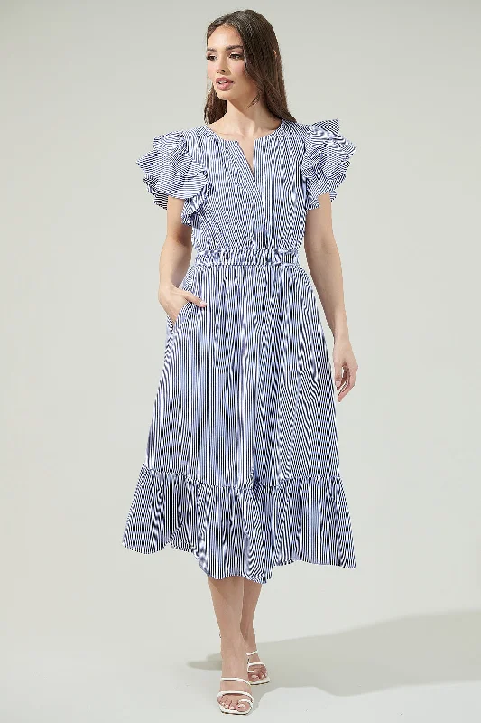Midi dresses with button - front designs for a classic touch Reynaga Striped Jelina Ruffle Sleeve Midi Dress Midi dresses with button - front designs for a classic touch Reynaga Striped Jelina Ruffle Sleeve Midi Dress