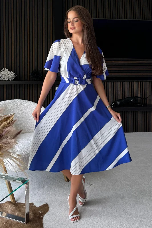 Midi dresses with puff sleeves for a vintage - inspired look Nadine Cobalt Stripe Wrap Detail Midi Dress Midi dresses with puff sleeves for a vintage - inspired look Nadine Cobalt Stripe Wrap Detail Midi Dress