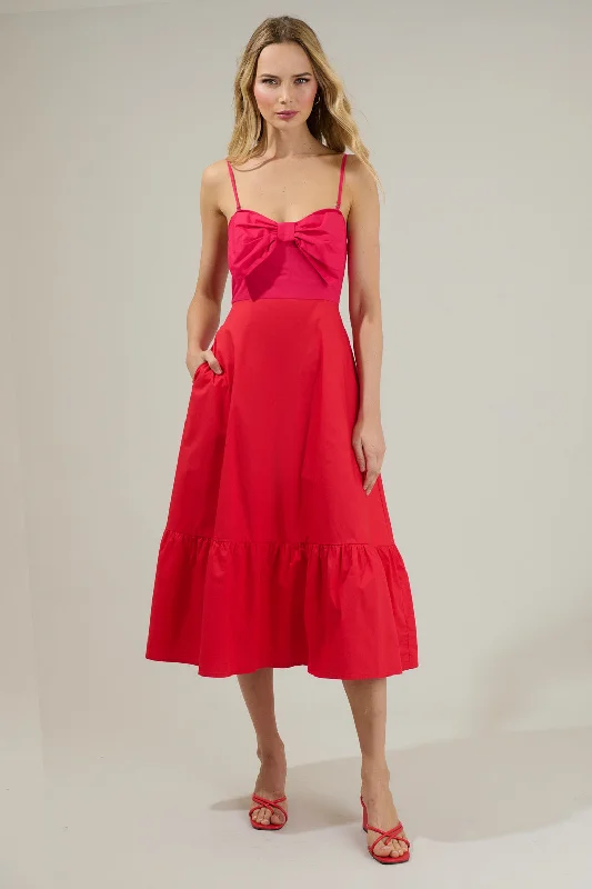 Midi dresses with asymmetric hems for a fashion - forward and dynamic appearance Perline Color Block Bow Midi Dress Midi dresses with asymmetric hems for a fashion - forward and dynamic appearance Perline Color Block Bow Midi Dress