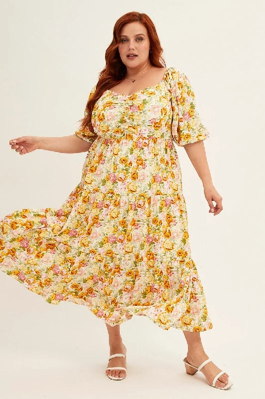 Midi dresses with pom - pom trims for a playful and festive look Floral Print Short Puff Sleeve Multi Floral Rayon Midi Dress