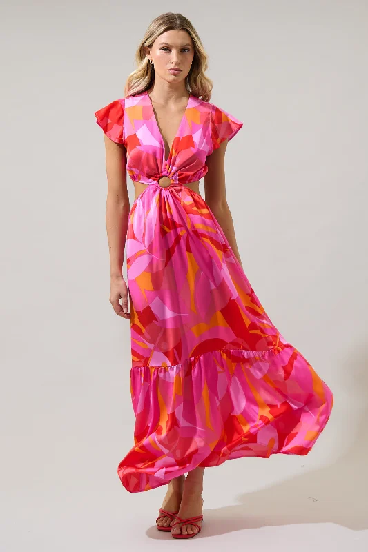Midi dresses with patchwork patterns for a one - of - a - kind style Sangria Abstract O-Ring Cut Out Midi Dress Midi dresses with patchwork patterns for a one - of - a - kind style Sangria Abstract O-Ring Cut Out Midi Dress
