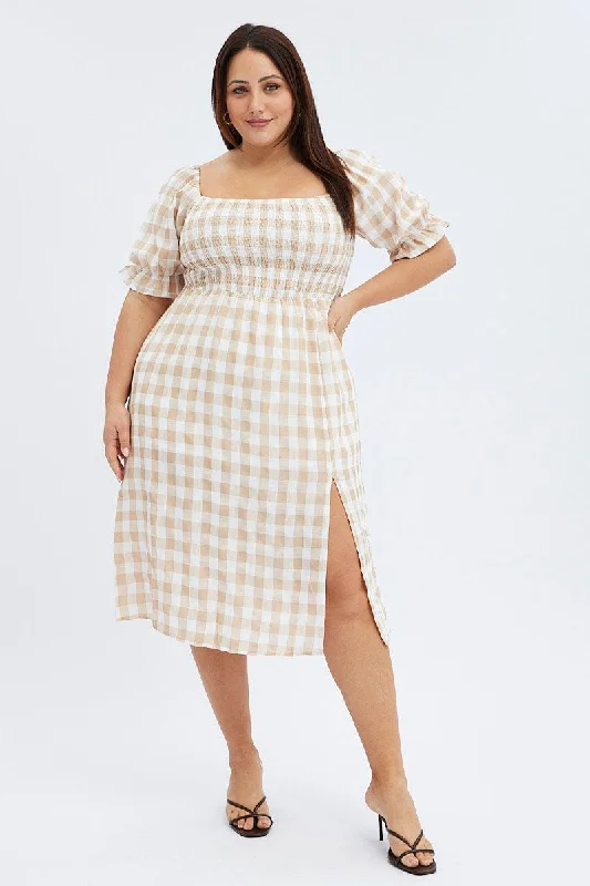 Midi dresses with mesh inserts for a trendy and breathable option Nude Check Midi Dress Split Front Large Gingham Check Midi dresses with mesh inserts for a trendy and breathable option Nude Check Midi Dress Split Front Large Gingham Check