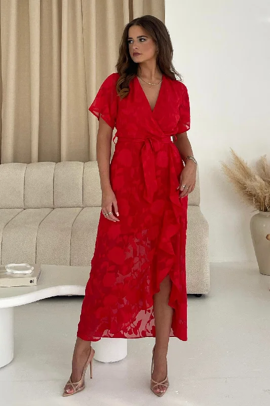 Midi dresses with ruched sleeves for a more fitted and stylish arm look Farren Wrap Hem Frill Detail Maxi Dress Burnout Red Midi dresses with ruched sleeves for a more fitted and stylish arm look Farren Wrap Hem Frill Detail Maxi Dress Burnout Red