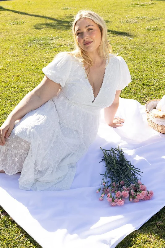 Midi dresses with embroidered accents for a unique and detailed design White Midi Dress Short Sleeve Tiered