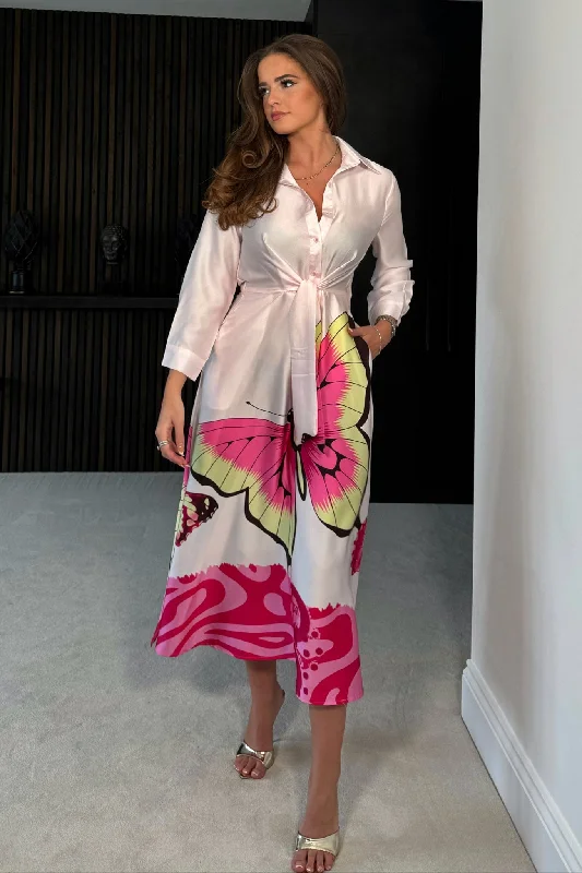High - low midi dresses with geometric patterns for a modern party Isabella Pink Butterfly Tie Front Shirt Dress High - low midi dresses with geometric patterns for a modern party Isabella Pink Butterfly Tie Front Shirt Dress